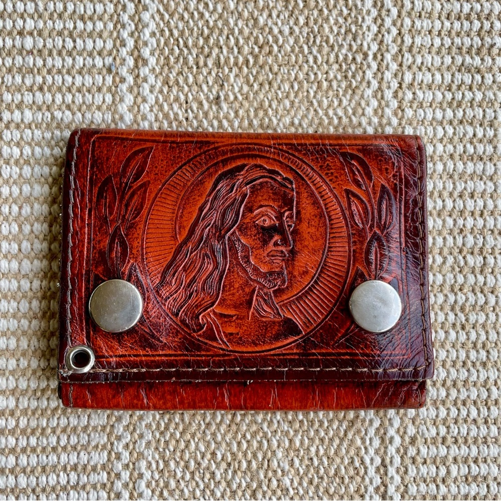 Vintage Brown Tooled Leather Jesus Trifold Wallet Snaps Men’s Made in U.S.A.